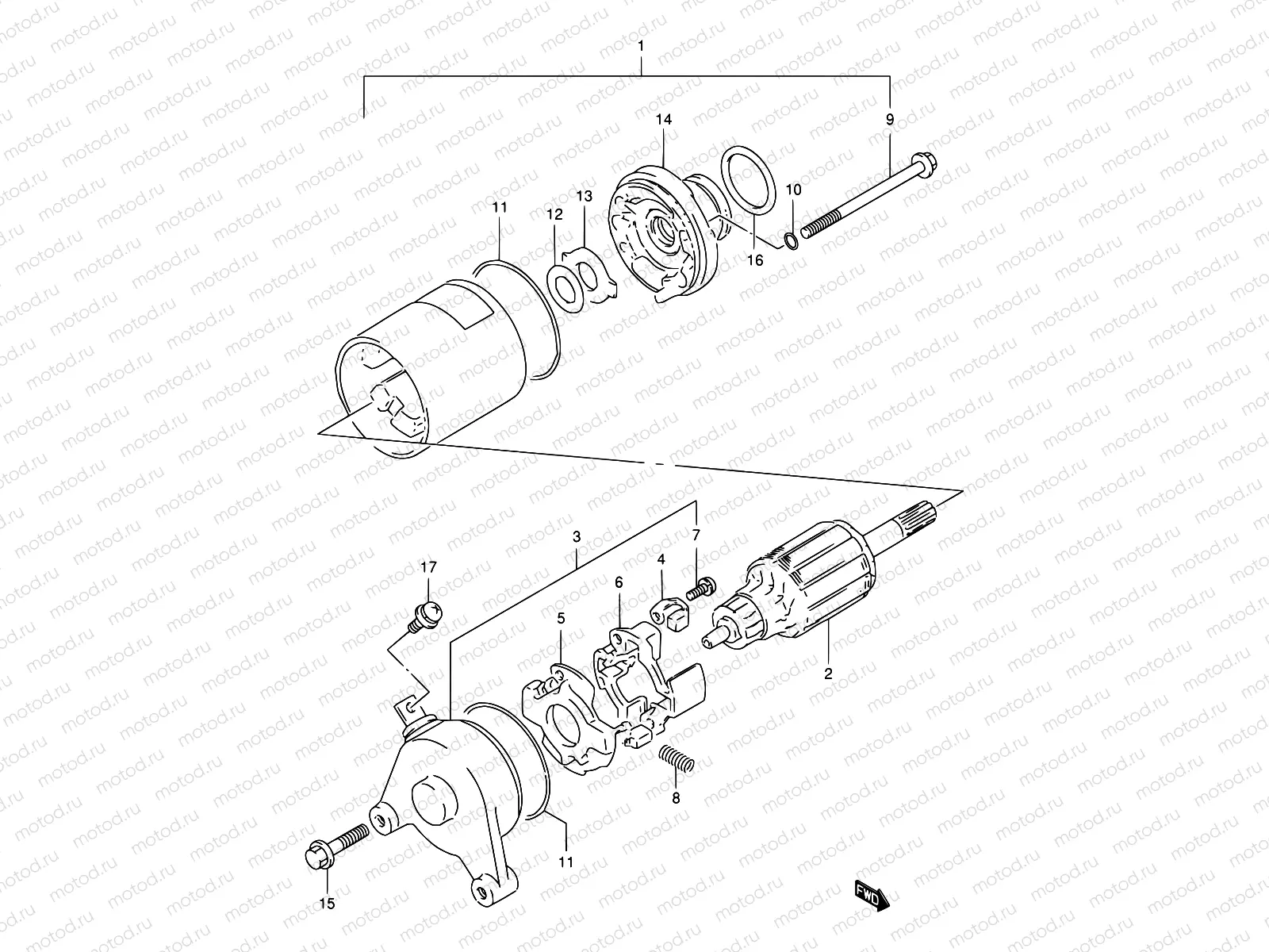 16 - STARTING MOTOR (MODEL R/S/T/V/W/X)