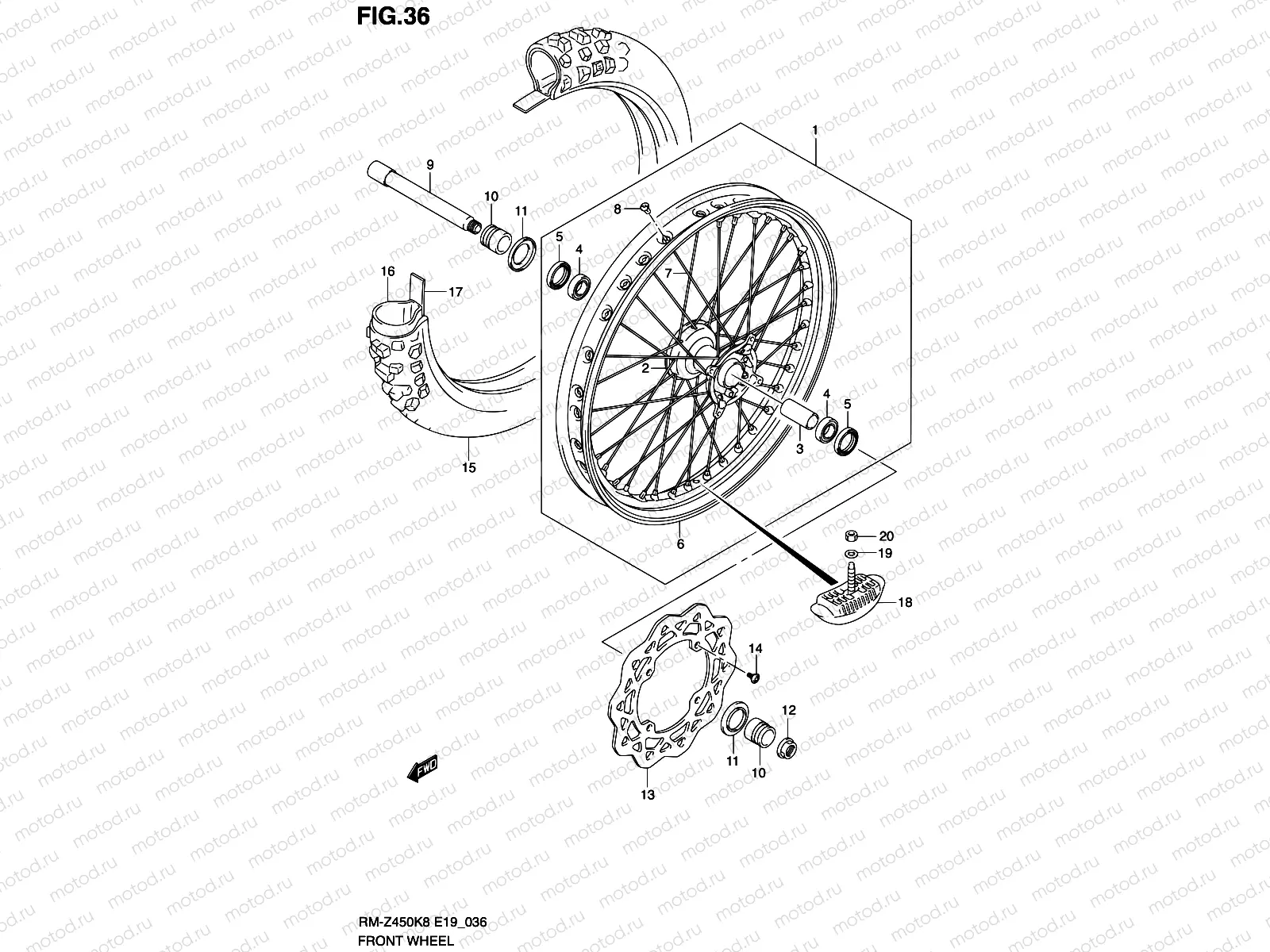 36 - FRONT WHEEL (RM-Z450K8/K9/L0)