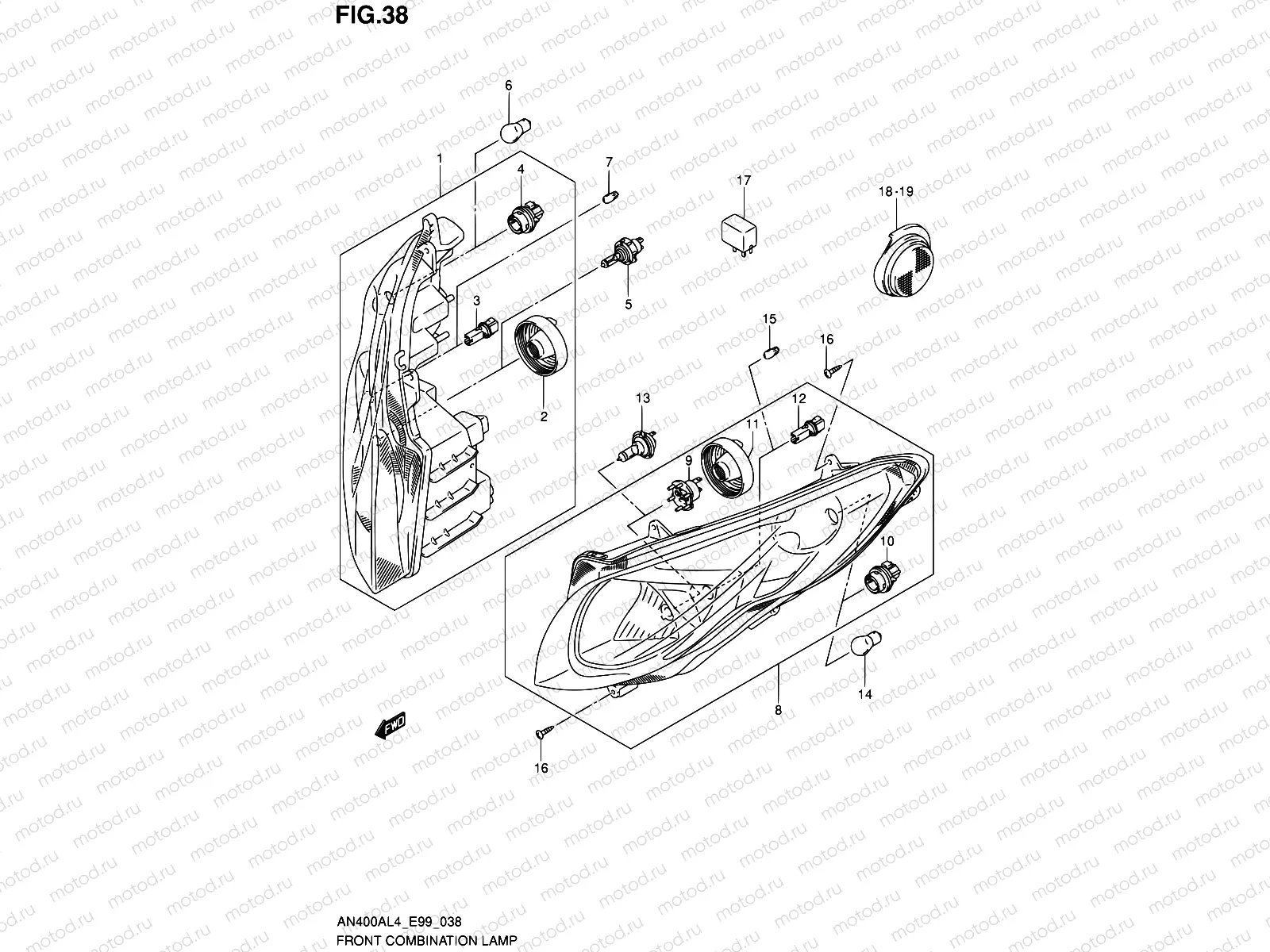 38 - FRONT COMBINATION LAMP (W/REFLECTOR) (AN400ZAL4 E99)