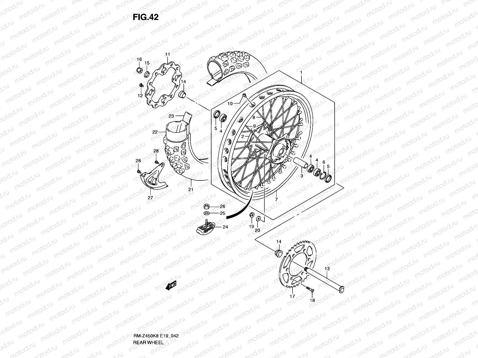 42 - REAR WHEEL (RM-Z450K8/K9/L0)