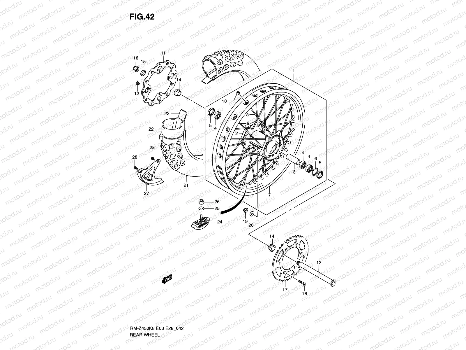 42 - REAR WHEEL (RM-Z450K8/K9/L0)