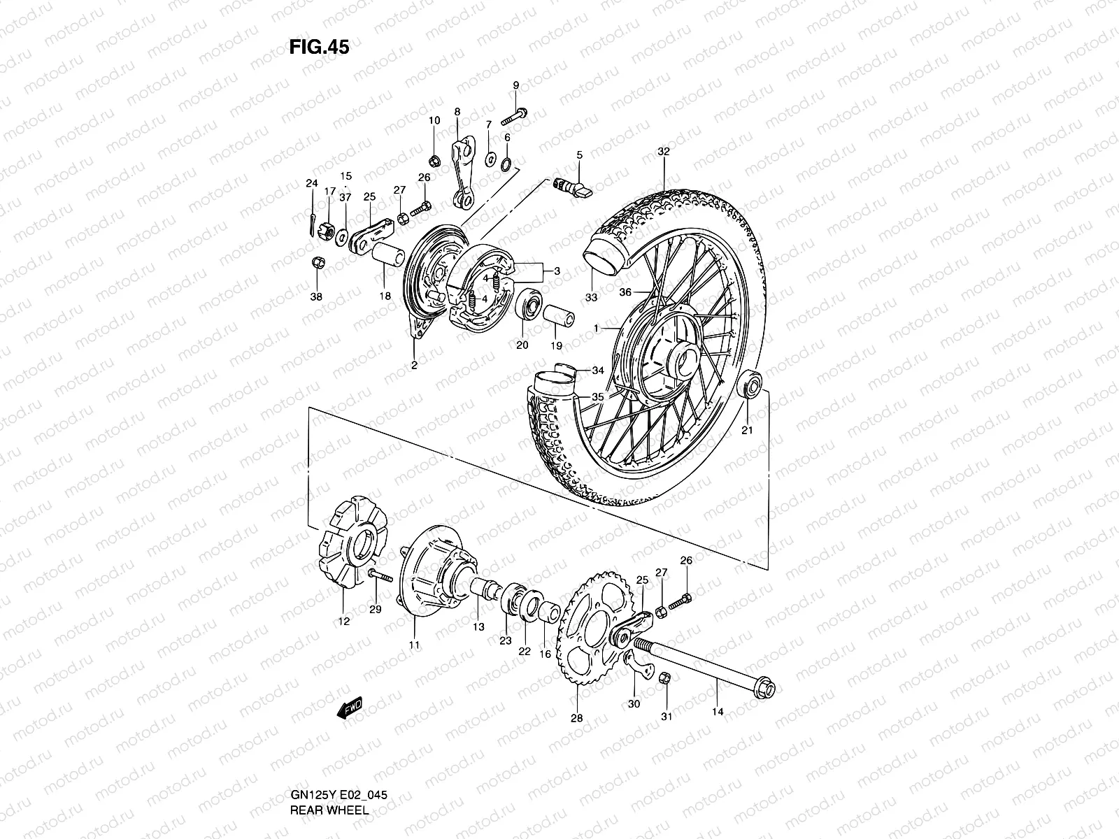 45 - REAR WHEEL (GN125V/W/X/Y/K1)