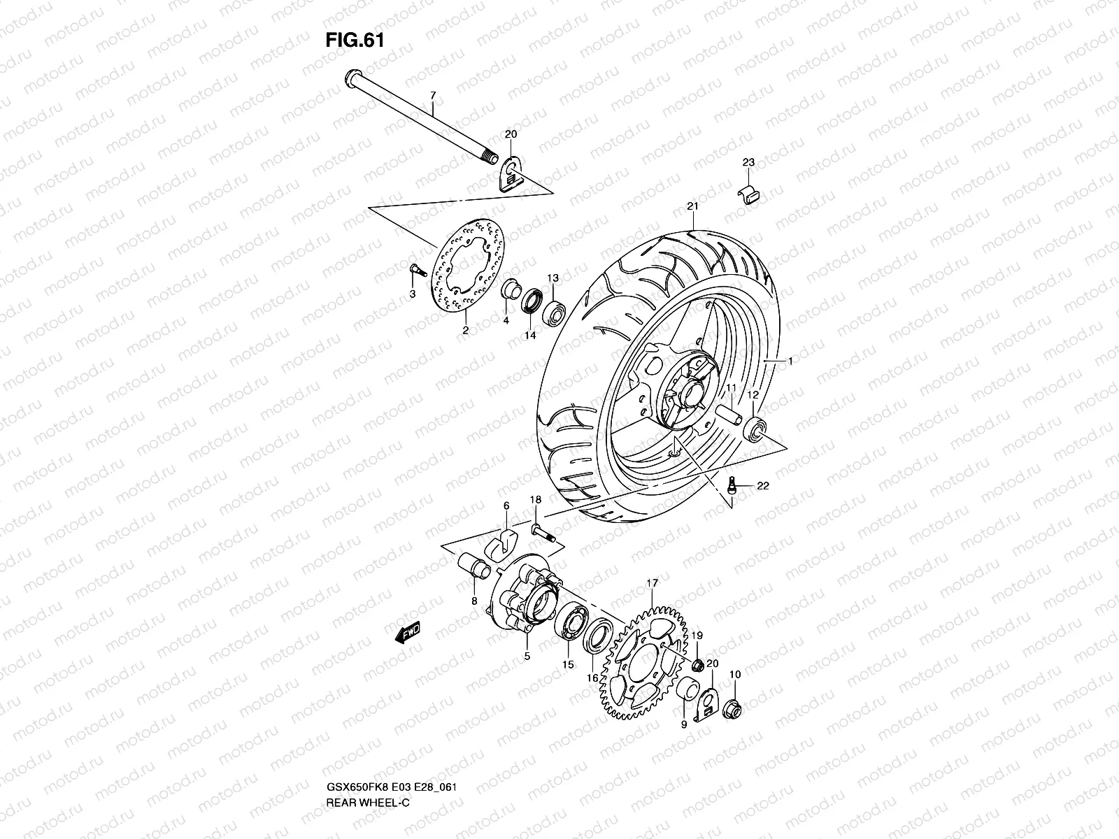 61 - REAR WHEEL (GSX650FK8/FK9/FL0)