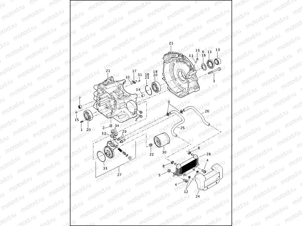 CRANKCASE, ENGINE OIL FILTER AND COOLER - TWIN CAM 103â¢