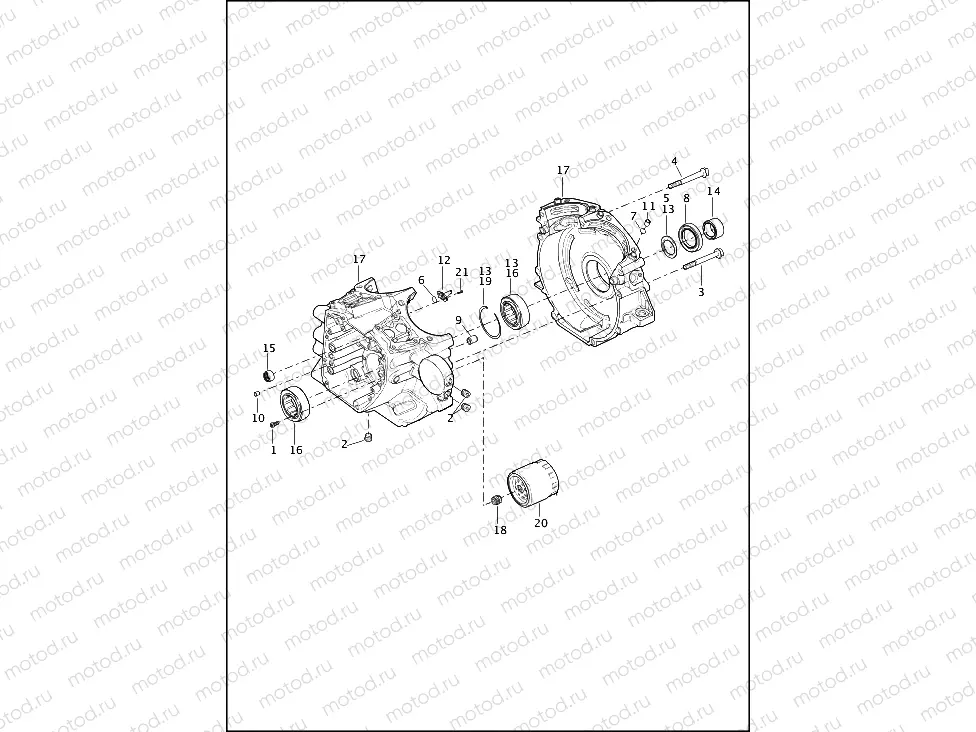 CRANKCASE, ENGINE OIL FILTER AND COOLER - TWIN CAM 110â¢