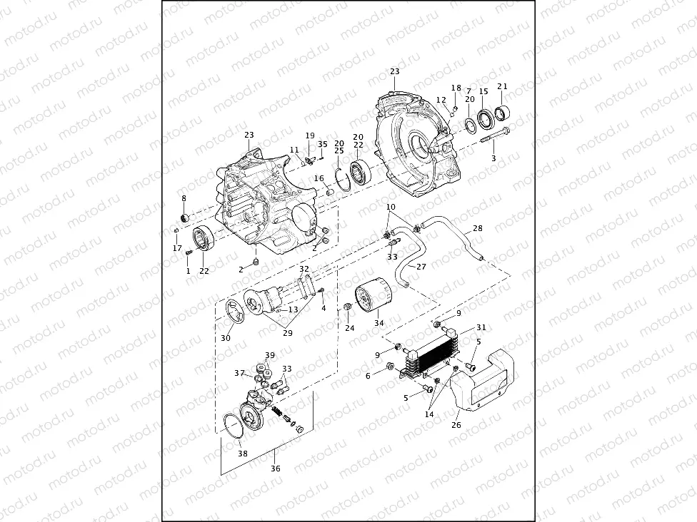 CRANKCASE, ENGINE OIL FILTER & COOLER - TWIN CAM 103â¢