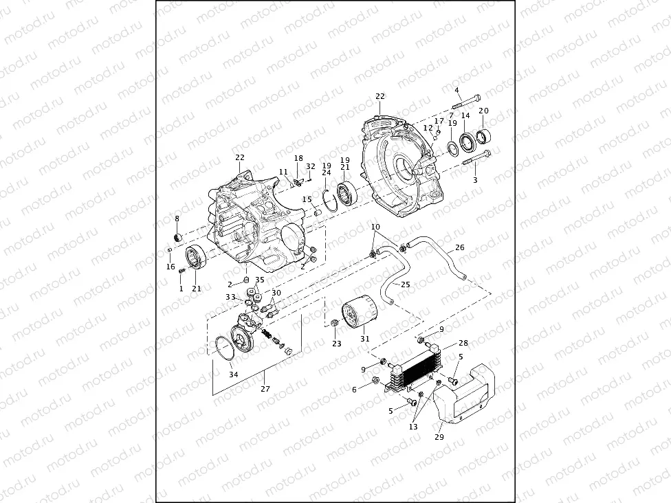 CRANKCASE, ENGINE OIL FILTER & COOLER - TWIN CAM 110â¢