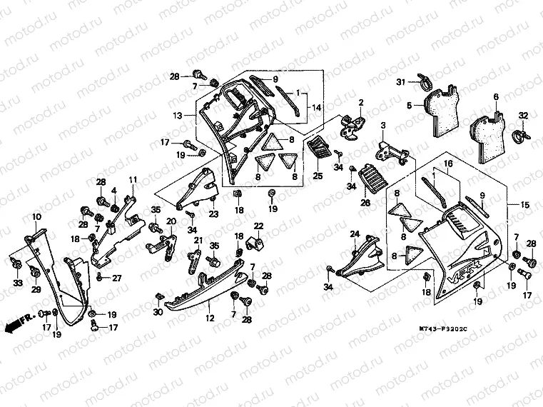 F-32-2 LOWER ENGINE (VFR750FR / FS / FT / FV)