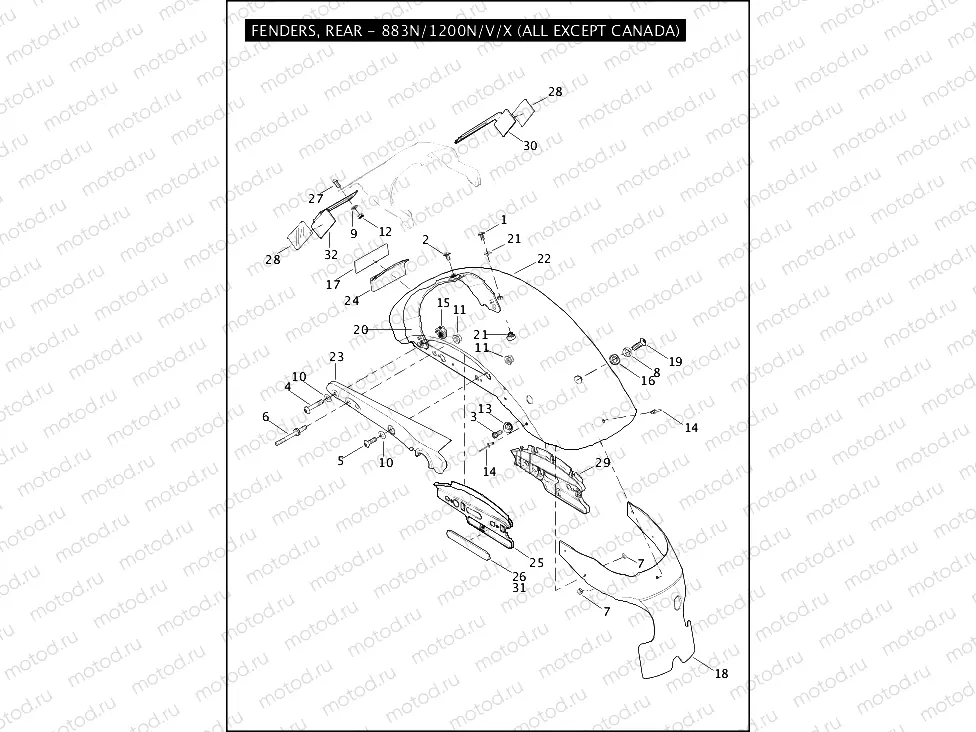 FENDERS, REAR - 883N/1200N/V/X (ALL EXCEPT CANADA)