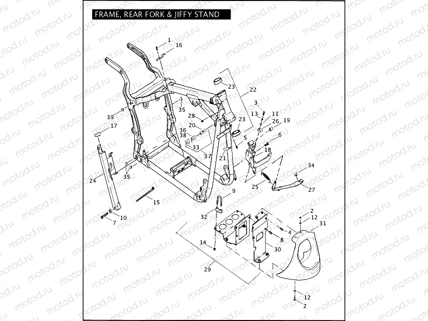 FRAME, REAR FORK & JIFFY STAND