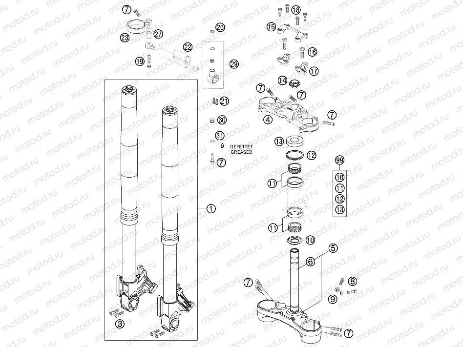 FRONT FORK, TRIPLE CLAMP