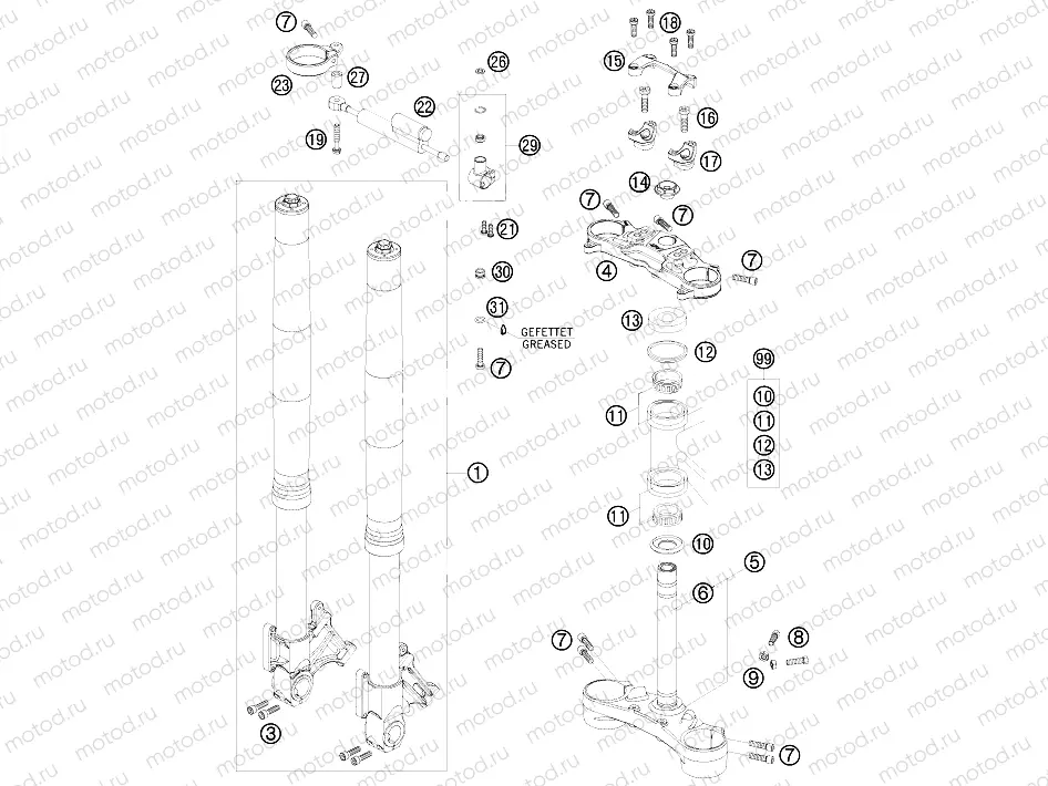 FRONT FORK, TRIPLE CLAMP