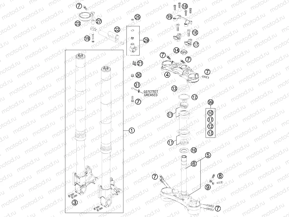 FRONT FORK, TRIPLE CLAMP