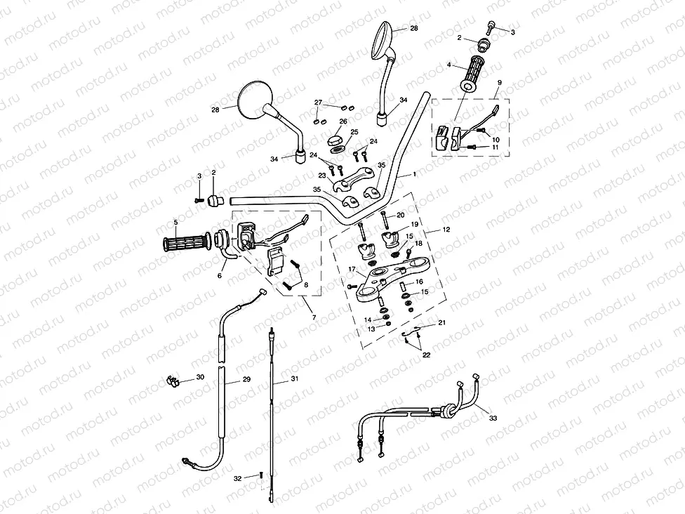 Handlebars, Top Yoke, Cables & Mirrors