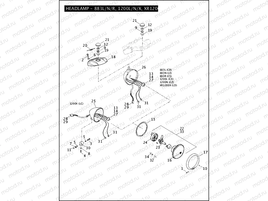 HEADLAMP - 883L/N/R, 1200L/N/X, XR1200X