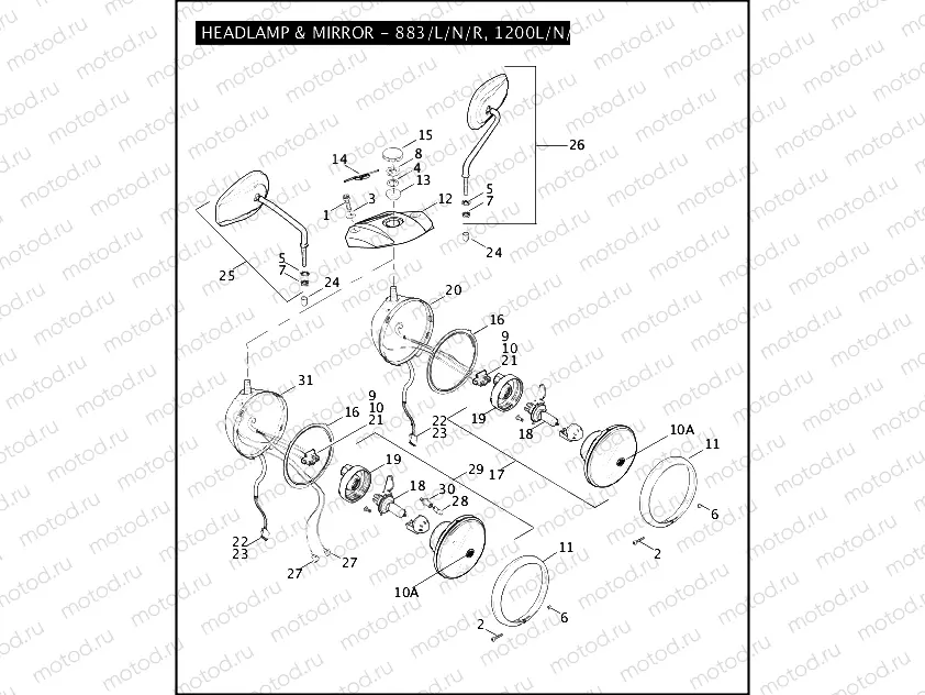 HEADLAMP & MIRROR - 883/L/N/R, 1200L/N/R