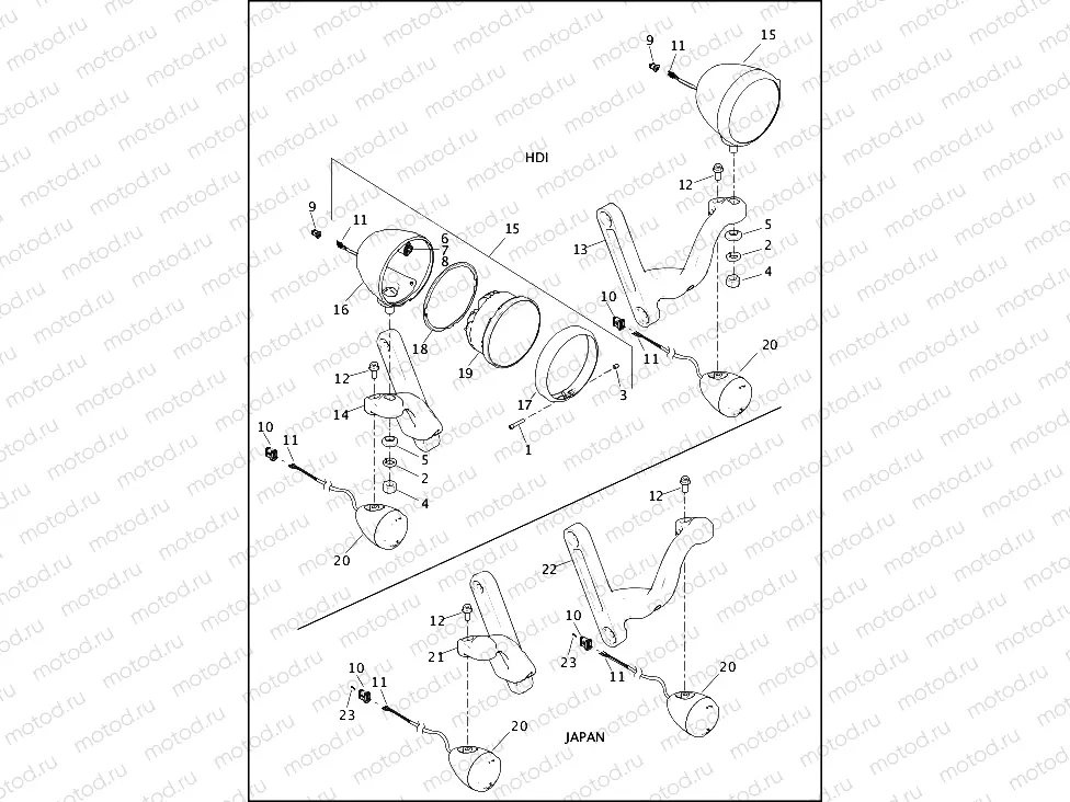 HEADLAMPS & TURN SIGNALS, FRONT - HDI, JAPAN