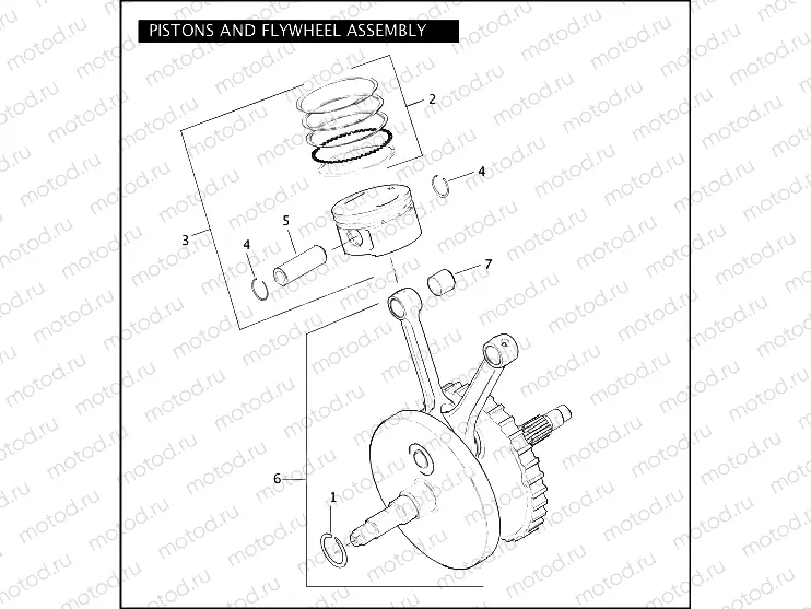 PISTONS AND FLYWHEEL ASSEMBLY - TWIN CAM 88â¢