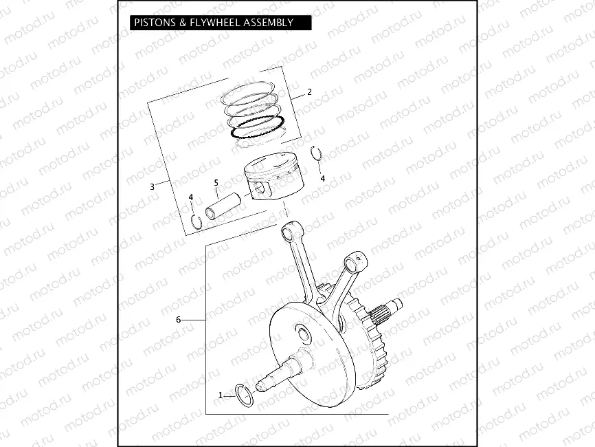 PISTONS & FLYWHEEL ASSEMBLY - TWIN CAM 103 â¢