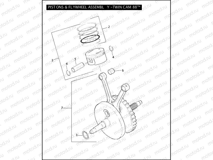 PISTONS & FLYWHEEL ASSEMBLY - TWIN CAM 88â¢