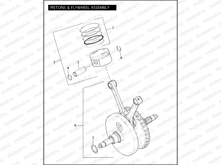 PISTONS & FLYWHEEL ASSEMBLY - TWIN CAM 96â¢