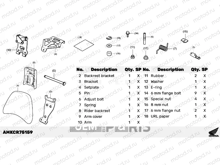 R75-23-19 KIT,RIDER BACKREST