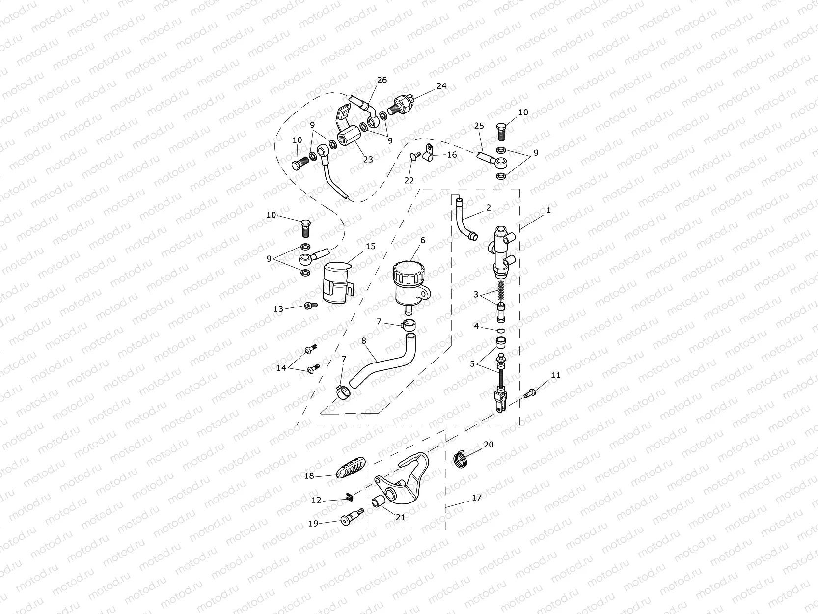 Rear Brake Master Cylinder, Reservoir & Pedal 532900 611134 (Expt 611105)