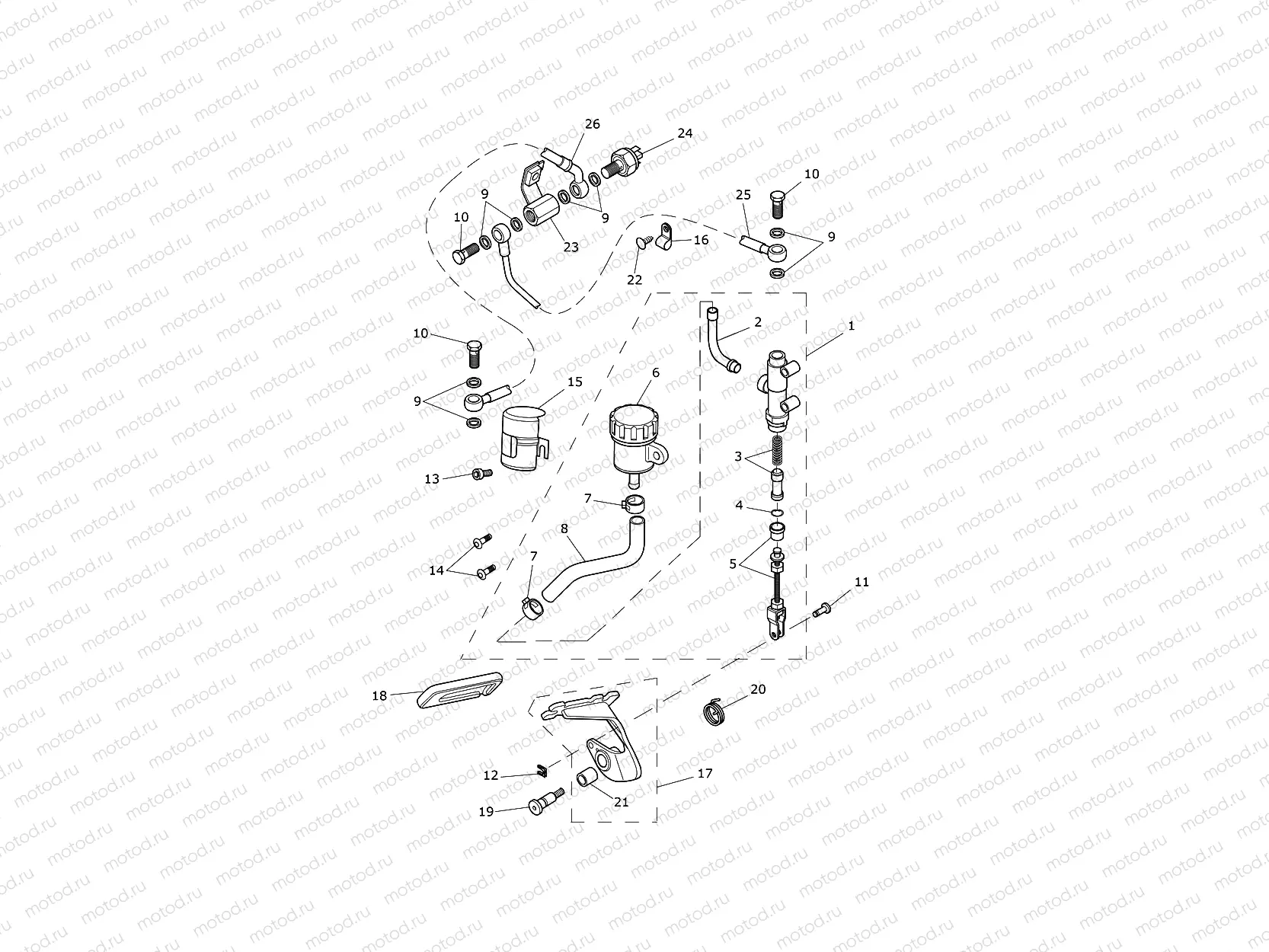 Rear Brake Master Cylinder, Reservoir & Pedal 611135 (Incl 611105)