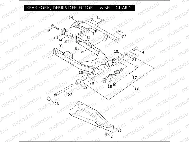 REAR FORK, DEBRIS DEFLECTOR & BELT GUARD