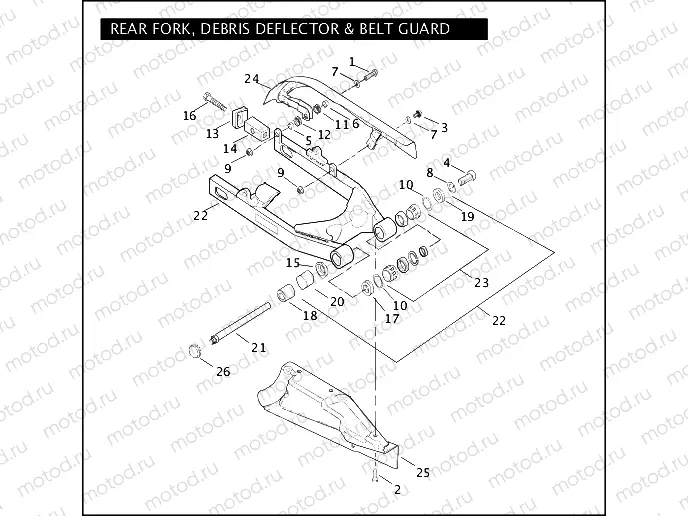 REAR FORK, DEBRIS DEFLECTOR & BELT GUARD