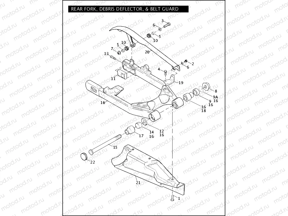 REAR FORK, DEBRIS DEFLECTOR, & BELT GUARD