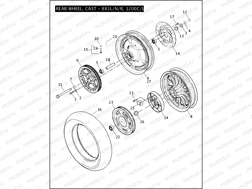 REAR WHEEL, CAST - 883L/N/R, 1200C/L