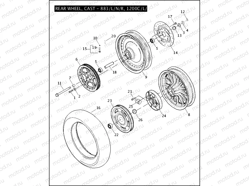 REAR WHEEL, CAST - 883/L/N/R, 1200C/L/R