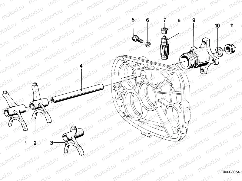 Shifting forks/speedometer pinion/output