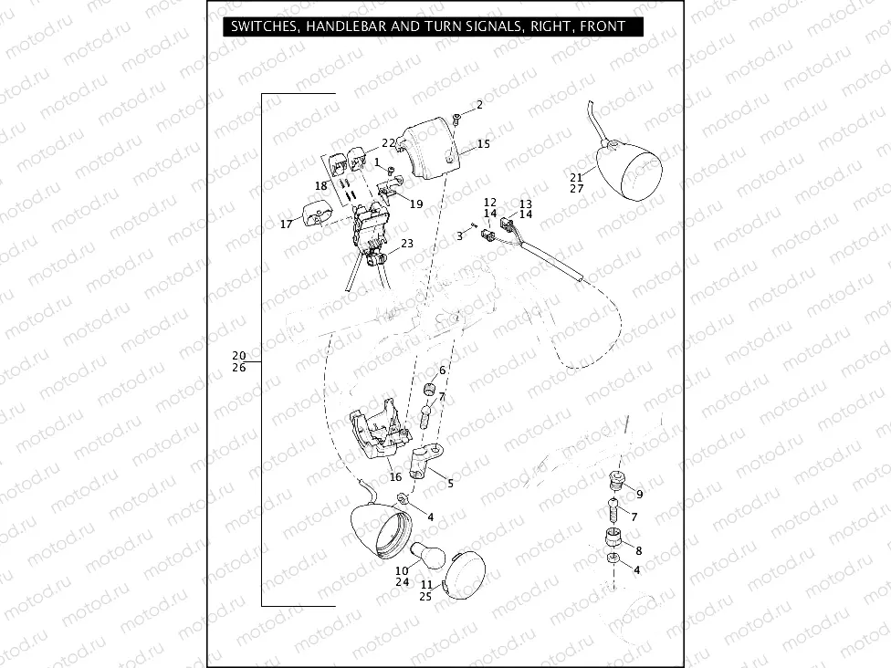 SWITCHES, HANDLEBAR AND TURN SIGNALS, RIGHT, FRONT