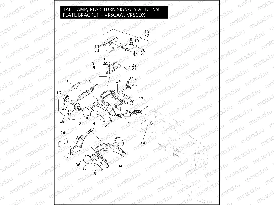 TAIL LAMP, REAR TURN SIGNALS, & LICENSE PLATE BRACKET - VRSCAW/DX
