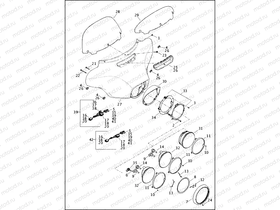 WINDSHIELD, FAIRING AND HEADLAMP - FLHTCU, FLHTK, FLHTKL, FLHX AND FLHXS (1 OF 2)
