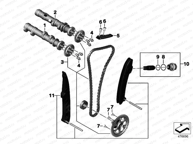 Camshaft, camshaft gear, timing chain