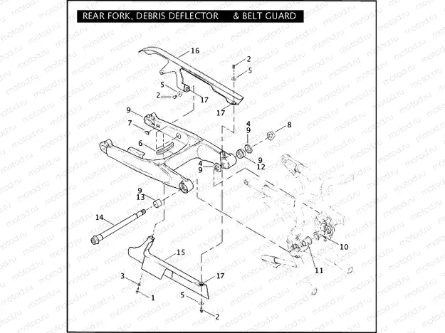 REAR FORK, DEBRIS DEFLECTOR & BELT GUARD