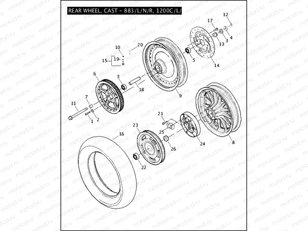 REAR WHEEL, CAST - 883/L/N/R, 1200C/L/R