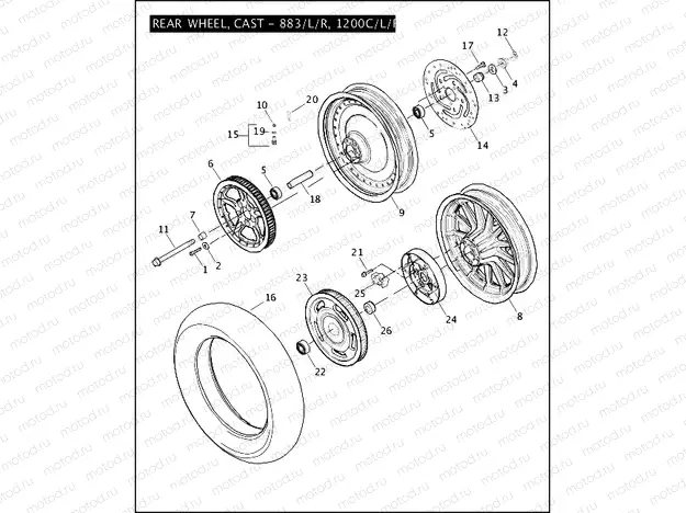 REAR WHEEL, CAST - 883/L/R, 1200C/L/R