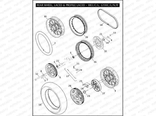 REAR WHEEL, LACED & PROFILE LACED - 883/C/L, 1200C/L/N/R