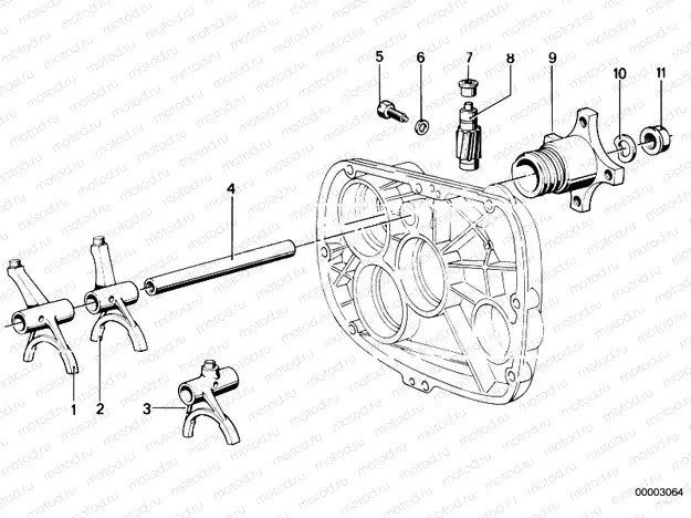 Shifting forks/speedometer pinion/output